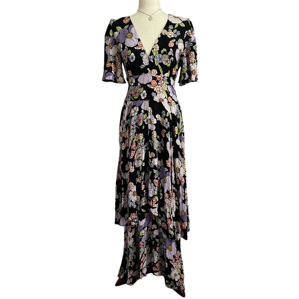 AFRM Floral Maxi Dress Flutter Sleeve Cutout Back Tiered Dress Fairy Wedding M